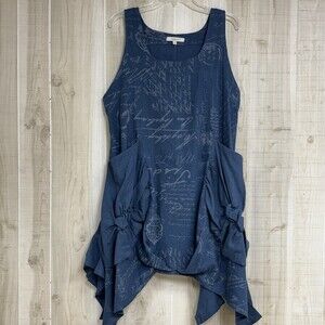 Neslay Blue Asymmetrical Tunic Dress Art Print Draped Lagenlook Sleeveless Boho